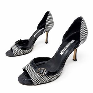 Manolo Blahnik Houndstooth Patent Open Toe D’Orsay Heels Womens Size EU 38.5